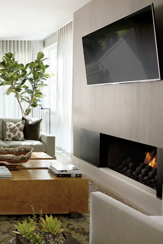 A shallowly inset contemporary fireplace seamlessly integrates with the living room.