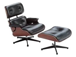 An Eames arm chair with ottoman.  The chair is black upholstered with sleek, modern lines.