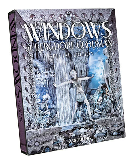 Bookcover that has a window display with a silver scene with a waterfall, figures, fashion and a sky.  The title is Windows at Bergdorf Goodman.