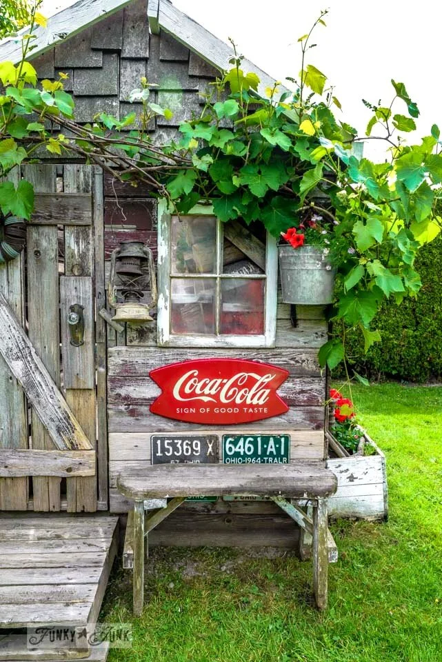 A garden shed with vine growing around is decorated with old advertising signage–a Coca Cola sign and license plates.