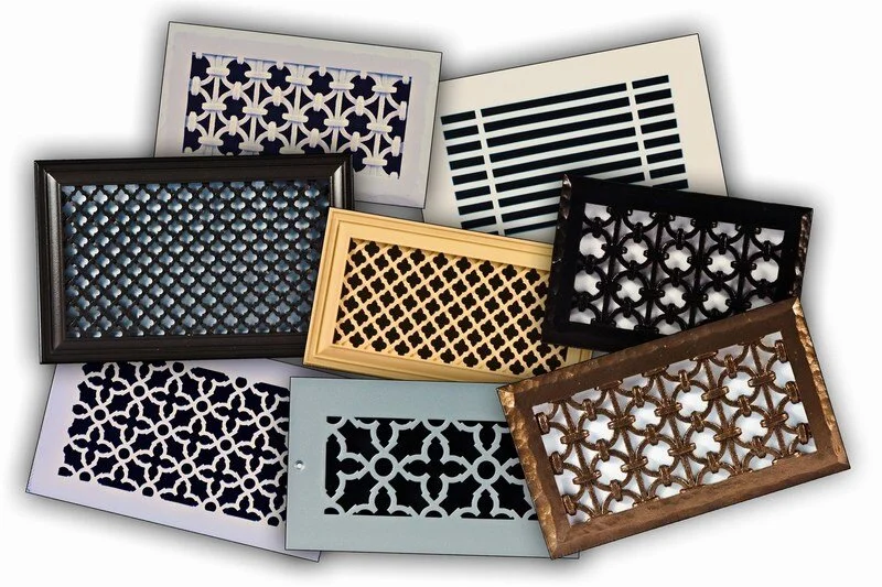 Air vents painted in different colors like metallic gold, taupe, gray, black and a neutral gray-green.