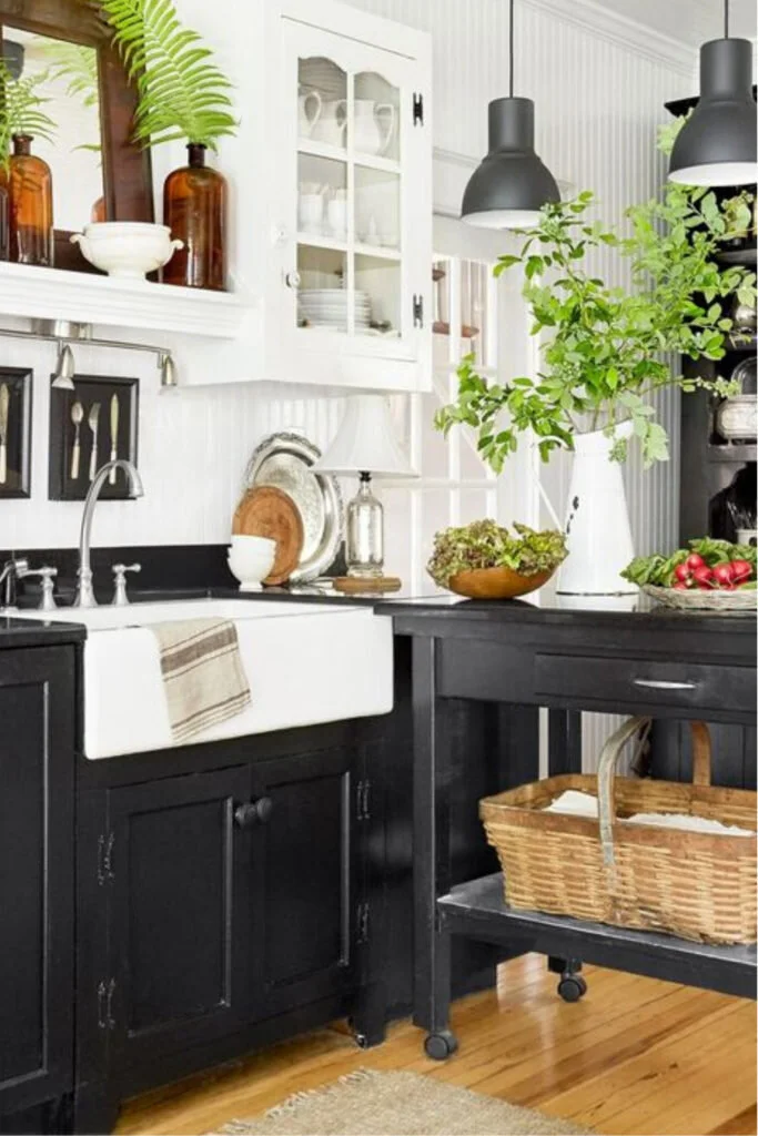 Kitchen with cabinets painted black, with black countertops, white headboard walls, and a white sink.