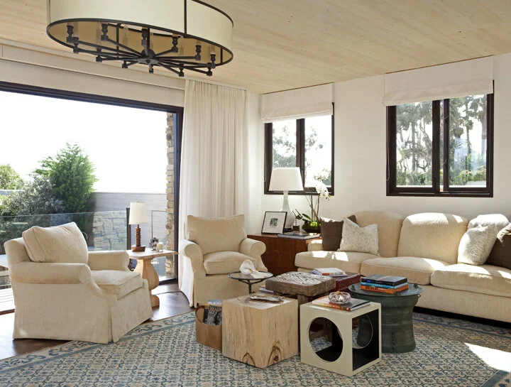 A beach home in Santa Monica uses a bleached oak plank ceiling.