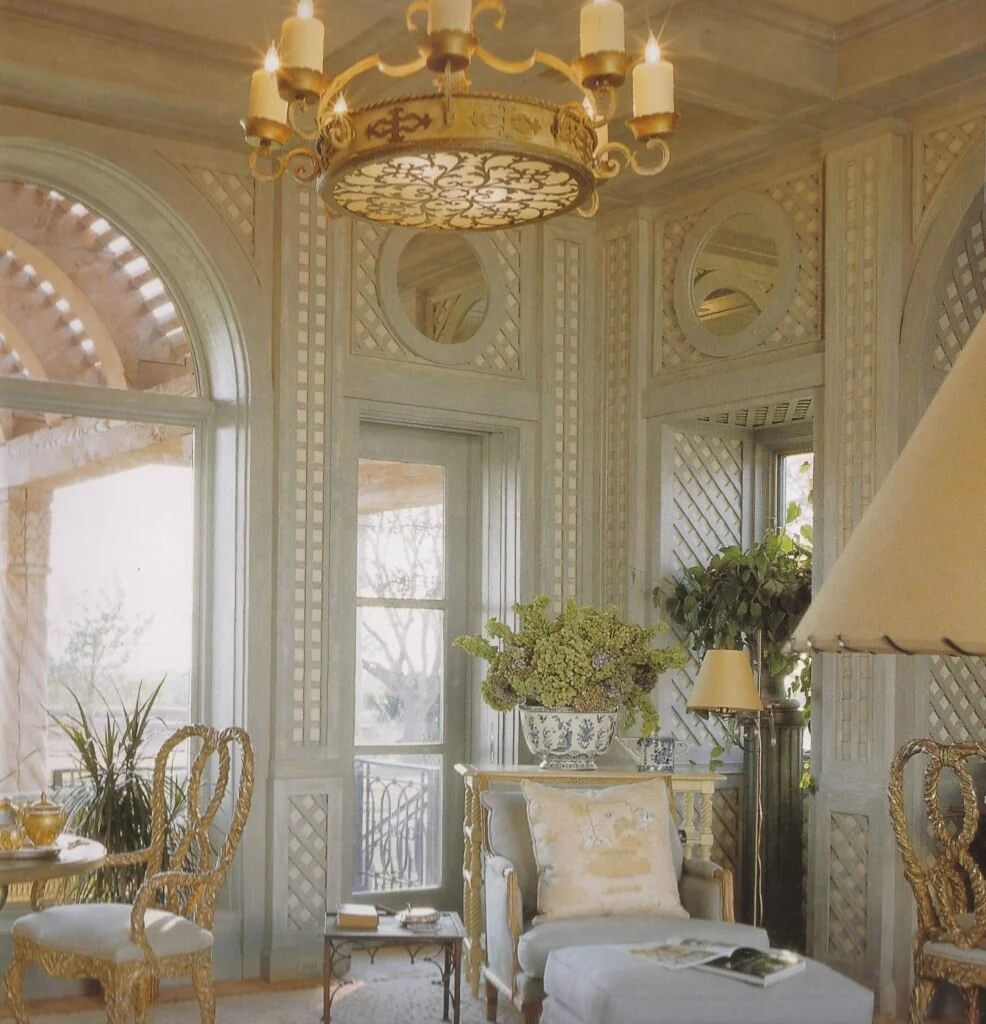 Initial inspiration for a lattice walled room with soft olive sage paint on the lattice.