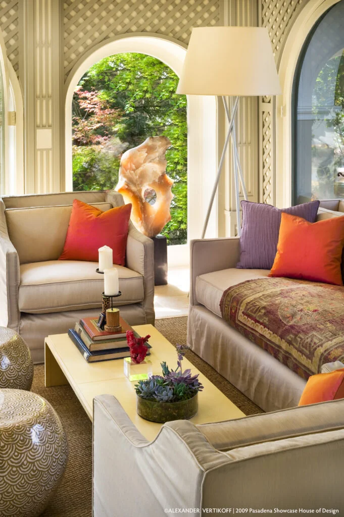 A lattice room designed by Mark Cutler Design for the Pasadena Showcase House for the Arts.