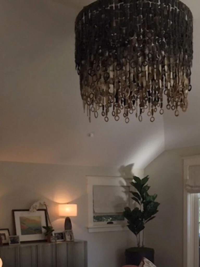 A chandelier that is made from cow horn that has been harvested, then sliced to create a deep, moody sculpture.